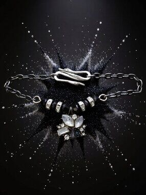 Slim Gunmetal Chain & Crystal Cluster Glam Statement Bracelet with Swan Clasp